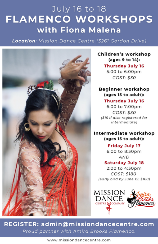 July 16 to 18 FLAMENCO WORKSHOPS with Fiona Malena (11 x 17 in)
